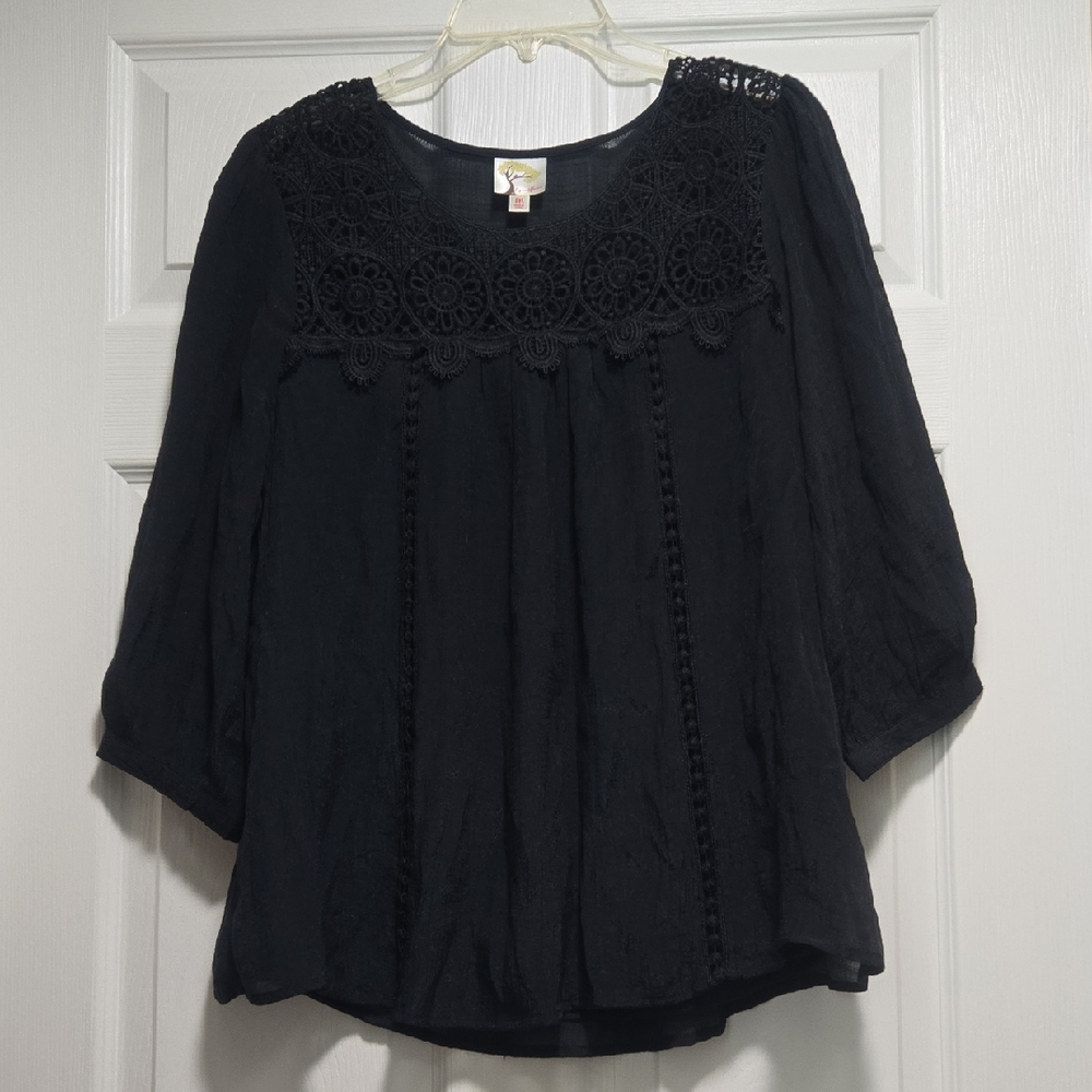 Fig and Flower Black Crochet Detail Blouse